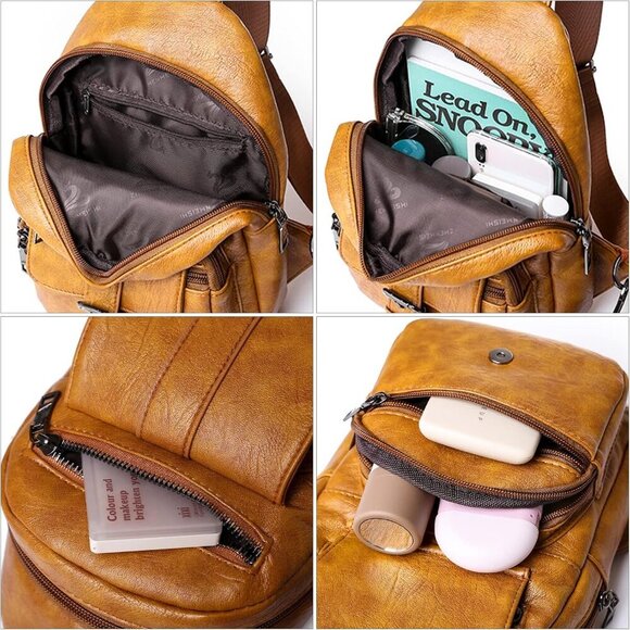 Leather Sling Bag Water-Resistant Crossbody Purse for Women Travel Outdoor - Picture 4 of 7